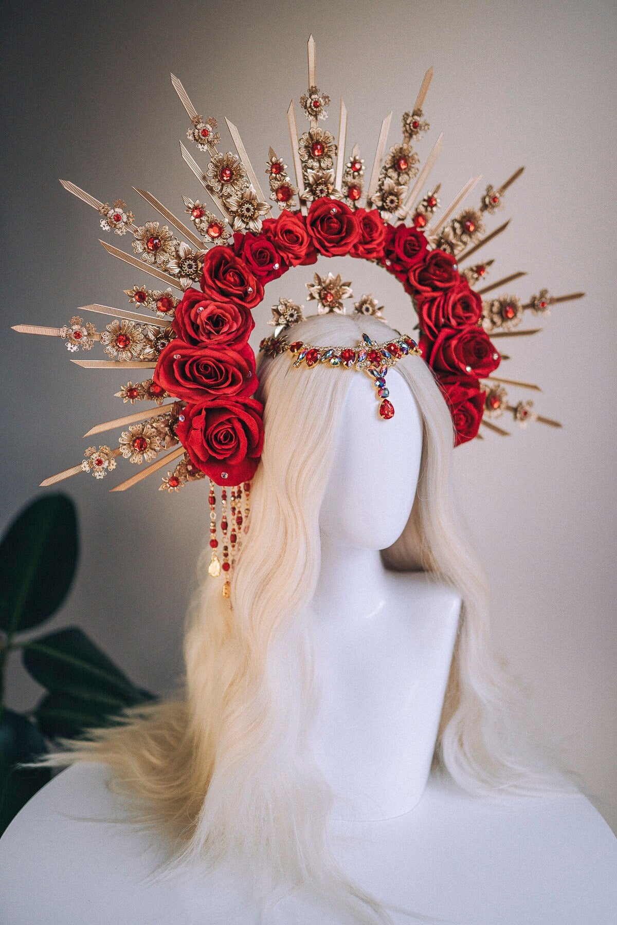 Gold Halo Crown, Flower halo, Red crown, Flower crown, Red Roses Headband, Goddess headpiece, Red flower headband, Fairy crown