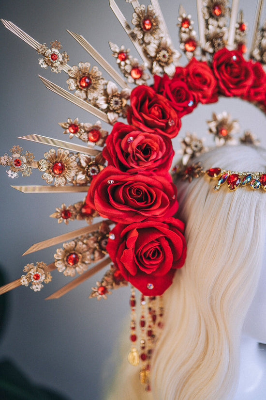 Gold Halo Crown, Flower halo, Red crown, Flower crown, Red Roses Headband, Goddess headpiece, Red flower headband, Fairy crown