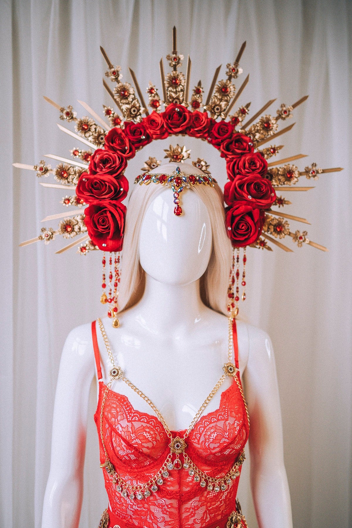 Gold Halo Crown, Flower halo, Red crown, Flower crown, Red Roses Headband, Goddess headpiece, Red flower headband, Fairy crown