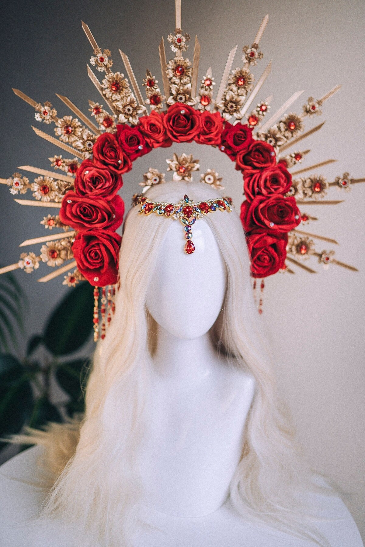 Gold Halo Crown, Flower halo, Red crown, Flower crown, Red Roses Headband, Goddess headpiece, Red flower headband, Fairy crown