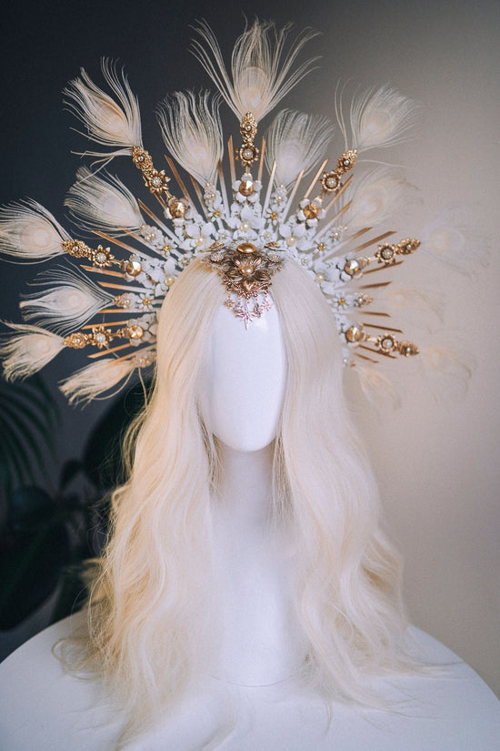 Angel halo crown, Gold halo headpiece, Angel crow, Halloween costume, Halo headlights, Wedding Crown, Burlesque headpiece, Peacock feather