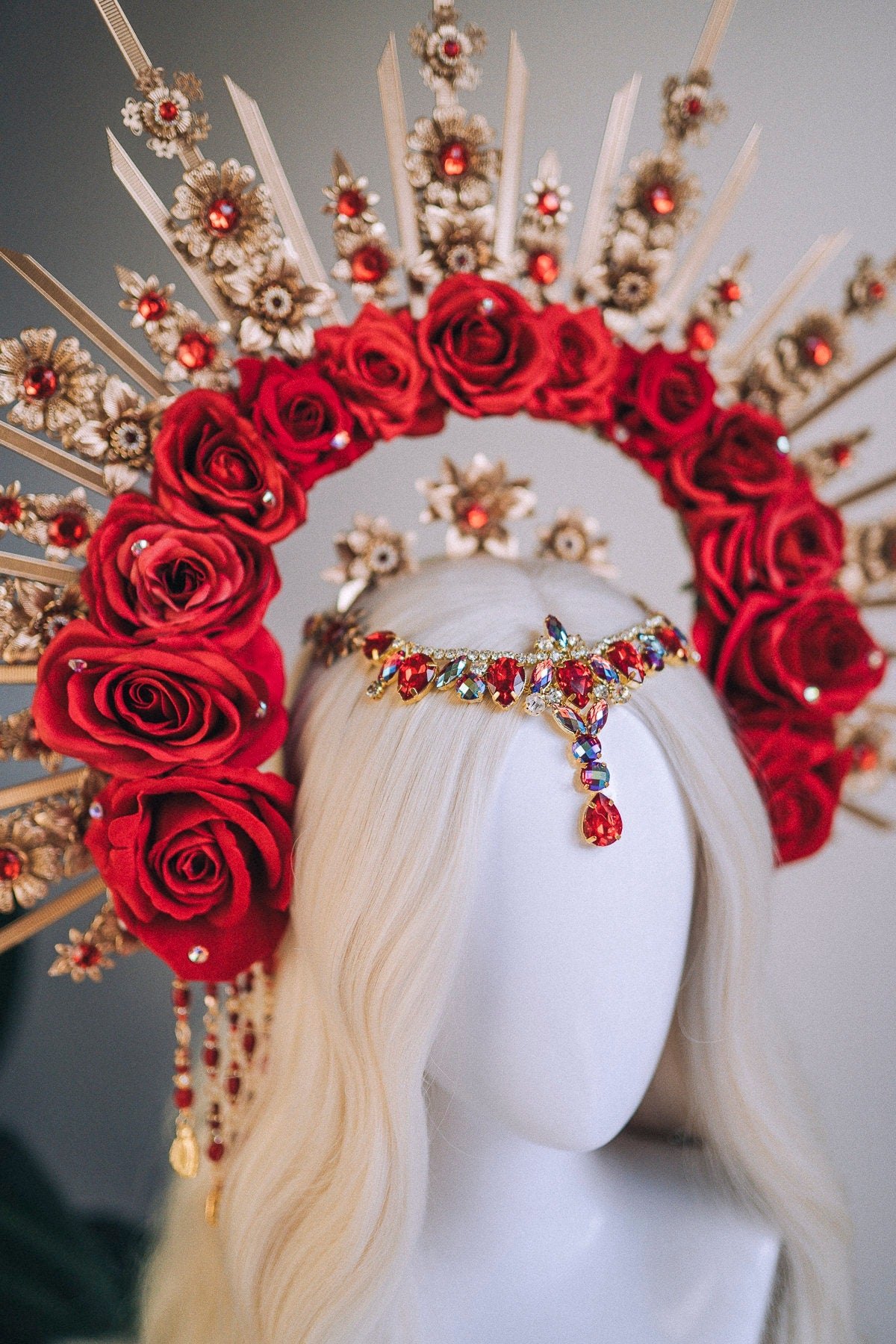 Gold Halo Crown, Flower halo, Red crown, Flower crown, Red Roses Headband, Goddess headpiece, Red flower headband, Fairy crown