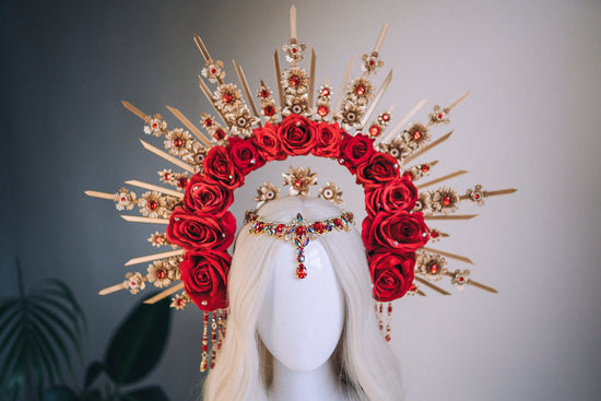 Gold Halo Crown, Flower halo, Red crown, Flower crown, Red Roses Headband, Goddess headpiece, Red flower headband, Fairy crown