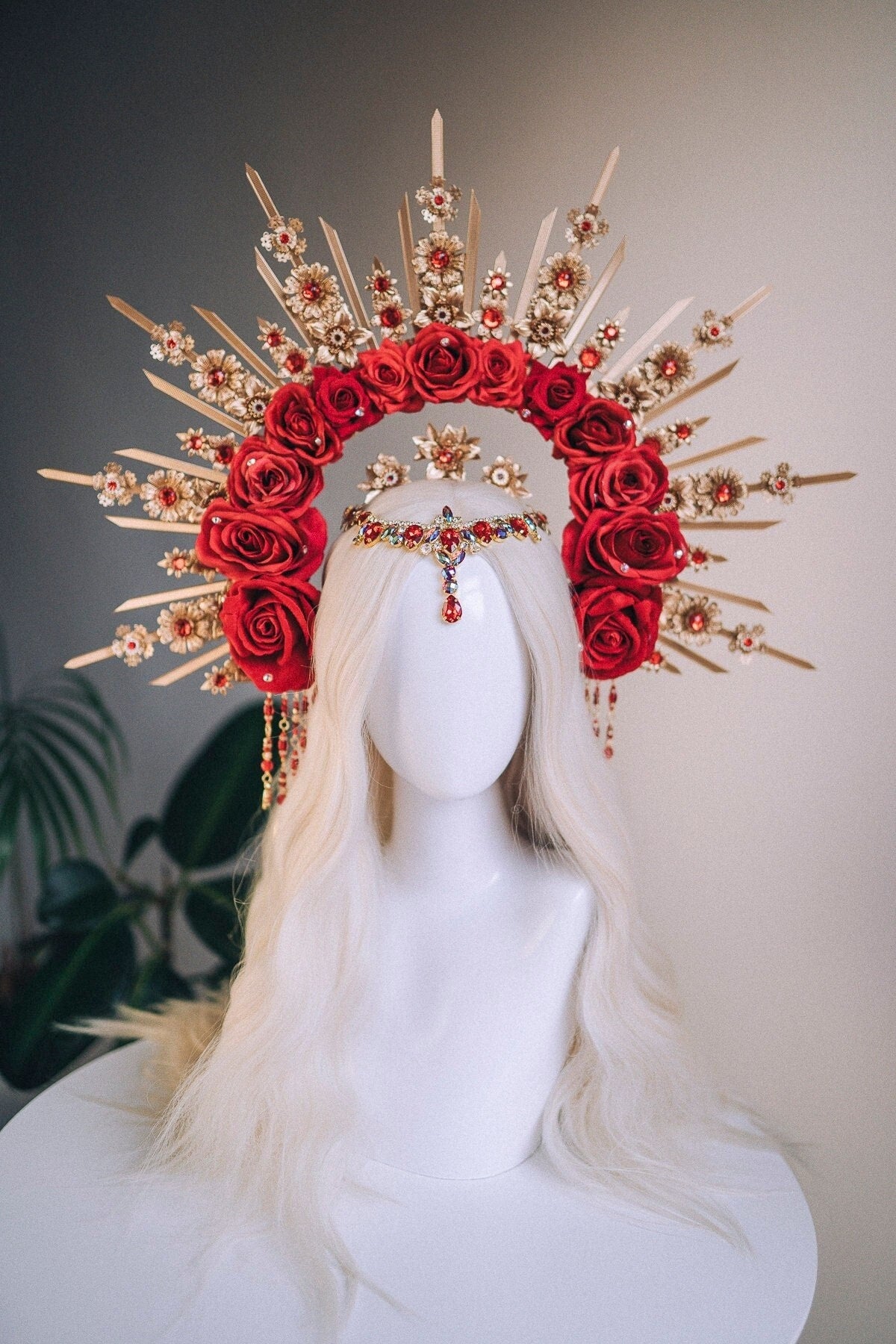 Gold Halo Crown, Flower halo, Red crown, Flower crown, Red Roses Headband, Goddess headpiece, Red flower headband, Fairy crown