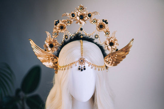 Angel Crown Gold Halo Crown Black Headband Halloween Headlights Wedding Crown Burlesque Maternity Photo Props Angel Wings Burning Man