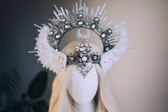 Angel Crown Silver Halo Crown White Headband Halloween Headlights Wedding Crown Burlesque Maternity Photo Props Angel Wings Burning Man