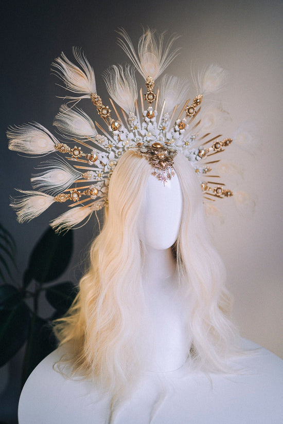 Angel halo crown, Gold halo headpiece, Angel crow, Halloween costume, Halo headlights, Wedding Crown, Burlesque headpiece, Peacock feather