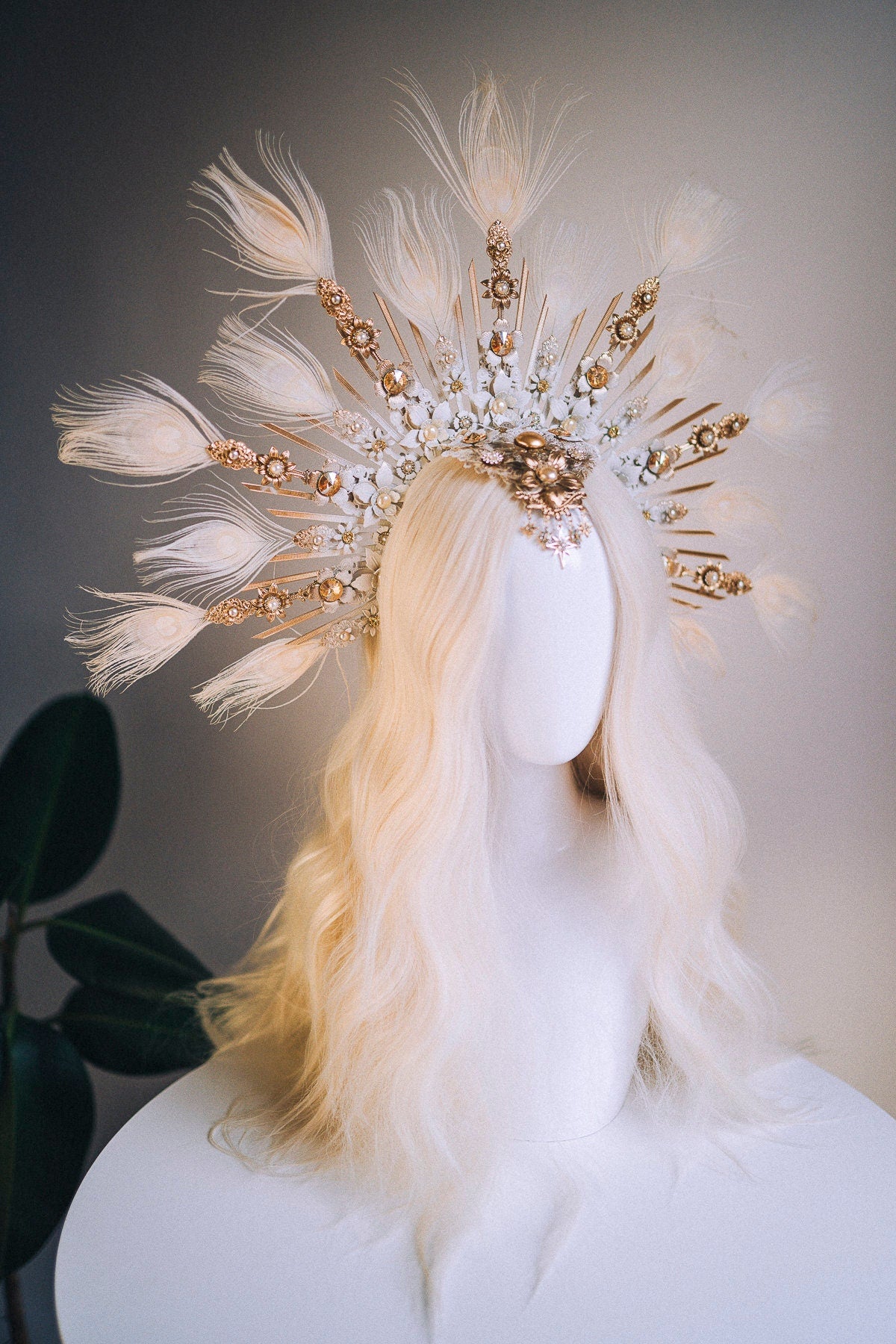 Angel halo crown, Gold halo headpiece, Angel crow, Halloween costume, Halo headlights, Wedding Crown, Burlesque headpiece, Peacock feather