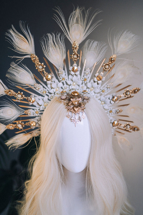 Angel halo crown, Gold halo headpiece, Angel crow, Halloween costume, Halo headlights, Wedding Crown, Burlesque headpiece, Peacock feather