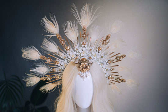 Angel halo crown, Gold halo headpiece, Angel crow, Halloween costume, Halo headlights, Wedding Crown, Burlesque headpiece, Peacock feather