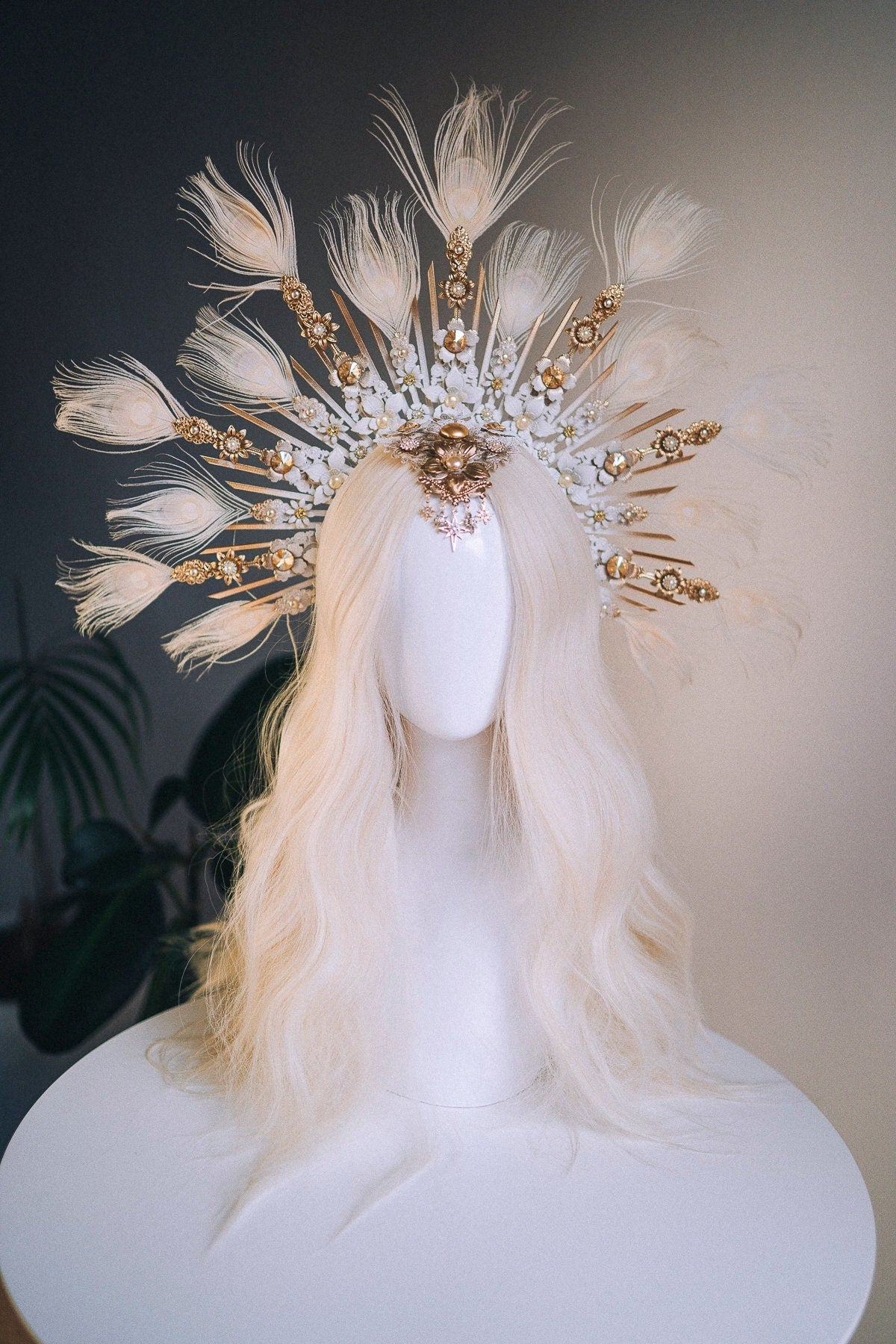 Angel halo crown, Gold halo headpiece, Angel crow, Halloween costume, Halo headlights, Wedding Crown, Burlesque headpiece, Peacock feather