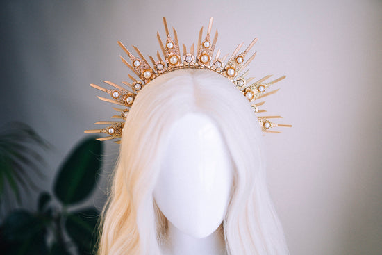 Gold halo crown, Halo headlights, Halo headpiece, Wedding crown, Wedding headpiece, Bridal crown, Bridal headpiece, Fairy crown, Gold crown