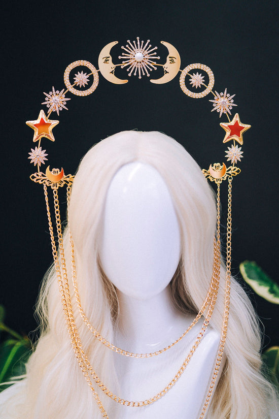 Celestial Halo Crown Moon Child Headpiece Wedding Tiara Headlights Wedding Props Maternity Photo Shoot Boho Bride To be Stars