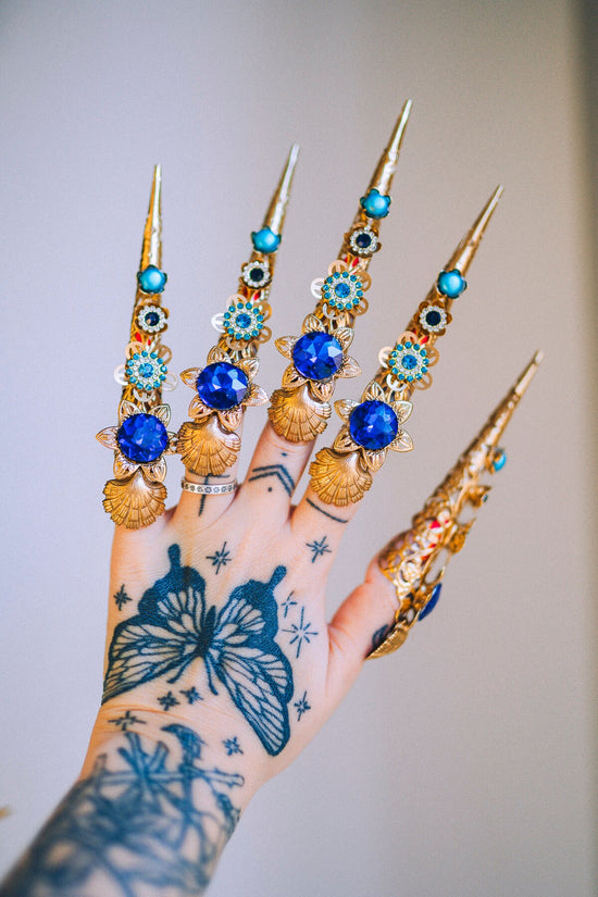 Aquarius Zodiac Sign Gold Finger Claw 1 piece Nails Jewellery Halloween Filigree Jewellery Gold Fingers Sugar Skull Photo Props Blue Jewelry