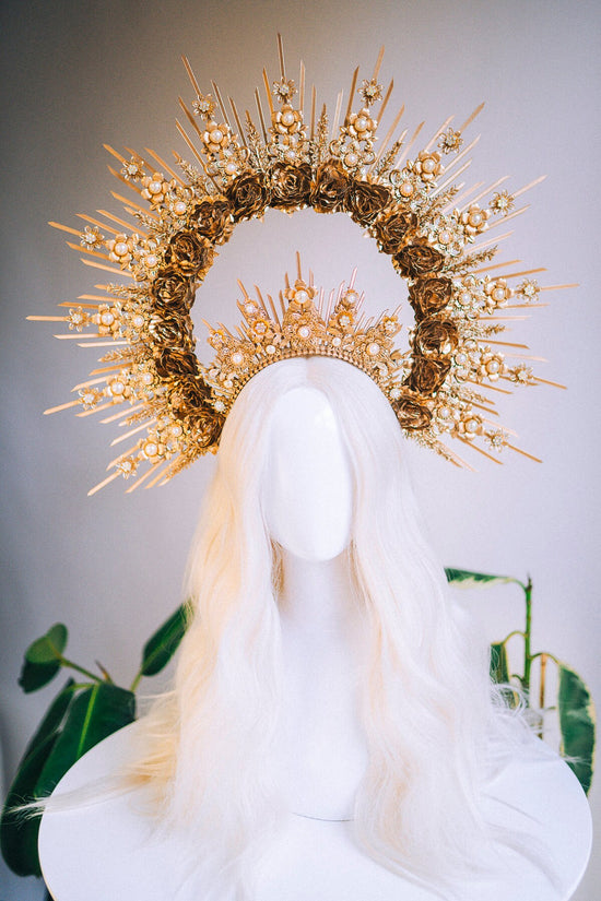 Gold Crown Flower crown Wedding tiara Bridal crown Maternity photo props Flower Headband Goddess Crown Sun Crown Krone Celestial jewellery