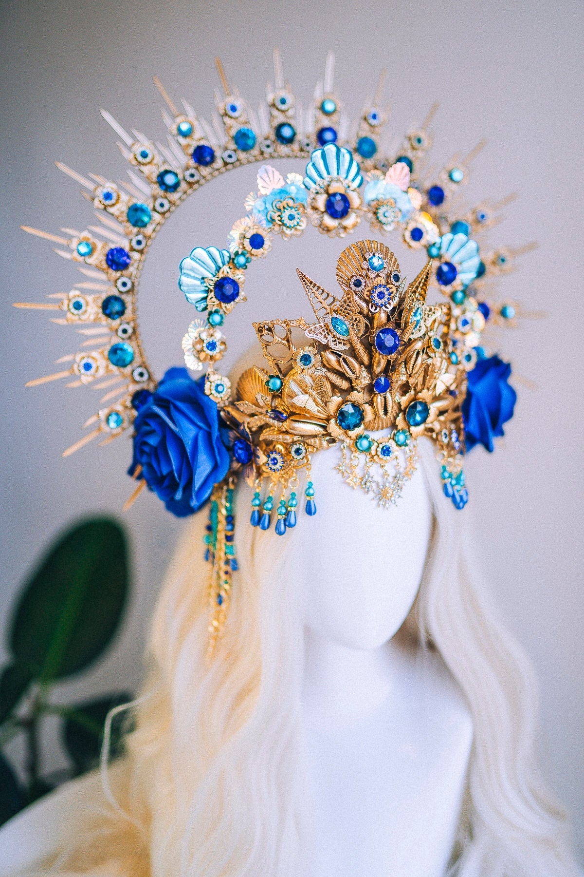 Aquarius Zodiac Signs Birthday Headband Aquarius Royal Blue Crown Flower Crown Shell Halo Headpiece Headlights B-day Party Maternity Photo