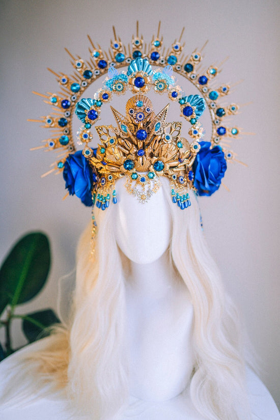 Aquarius Zodiac Signs Birthday Headband Aquarius Royal Blue Crown Flower Crown Shell Halo Headpiece Headlights B-day Party Maternity Photo