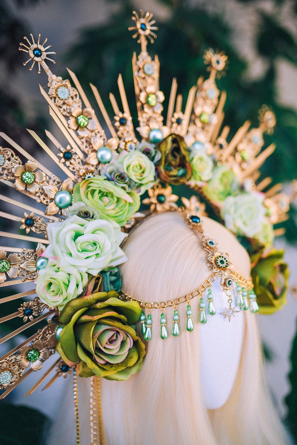 Green Flower Halo Crown Moon child Halo Headpiece Goddess Flower Crown Halo Headlights Celestial Headpiece Maternity Photo Props Roses