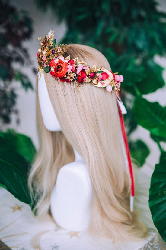 Red Flower Crown Flower Tiara Celestial Gold Wedding Tiara Headpiece Headband Fairy Halo Red Flower Wedding Crown Boho bride Crystal Crown