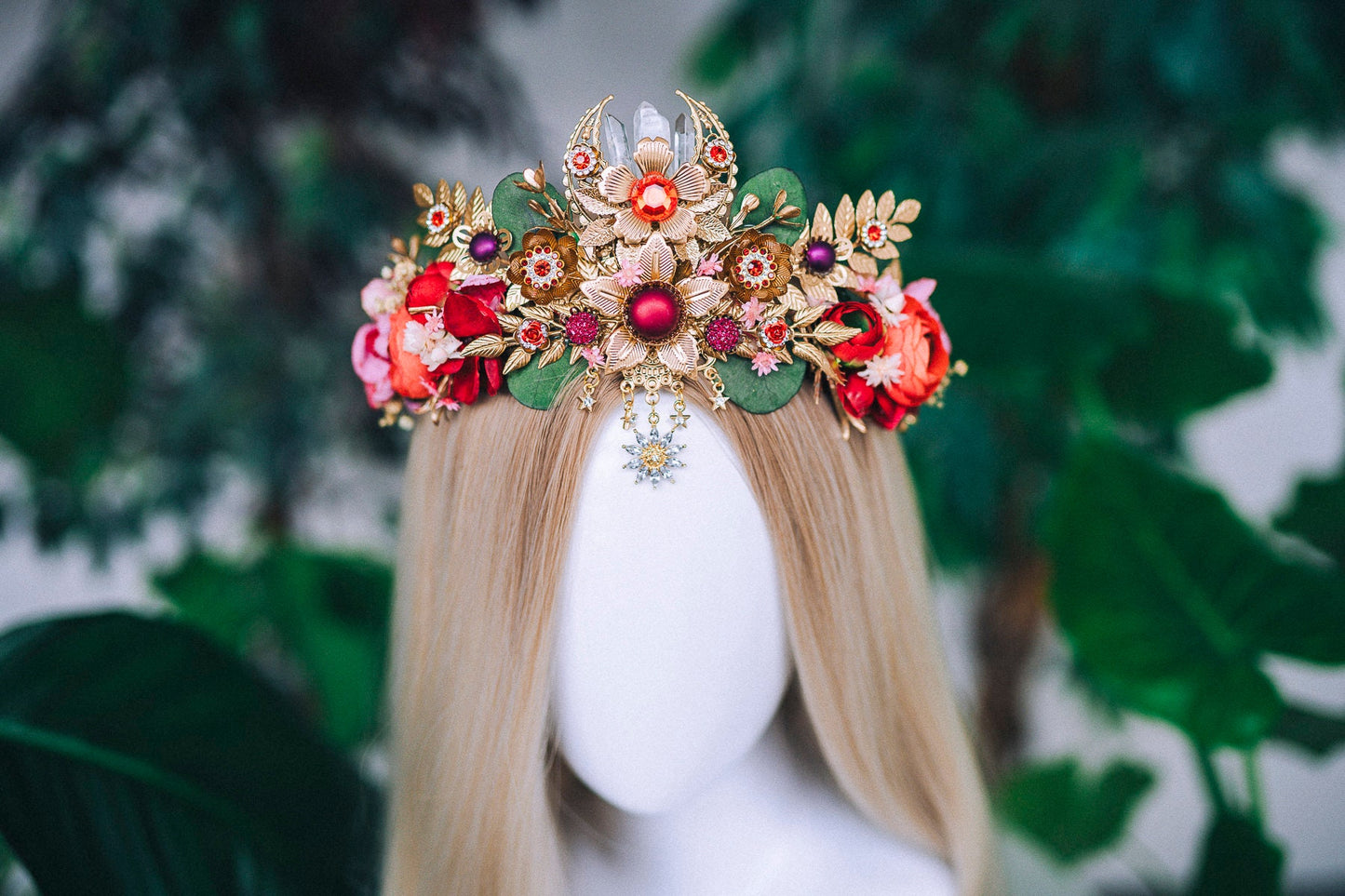 Red Flower Crown Flower Tiara Celestial Gold Wedding Tiara Headpiece Headband Fairy Halo Red Flower Wedding Crown Boho bride Crystal Crown