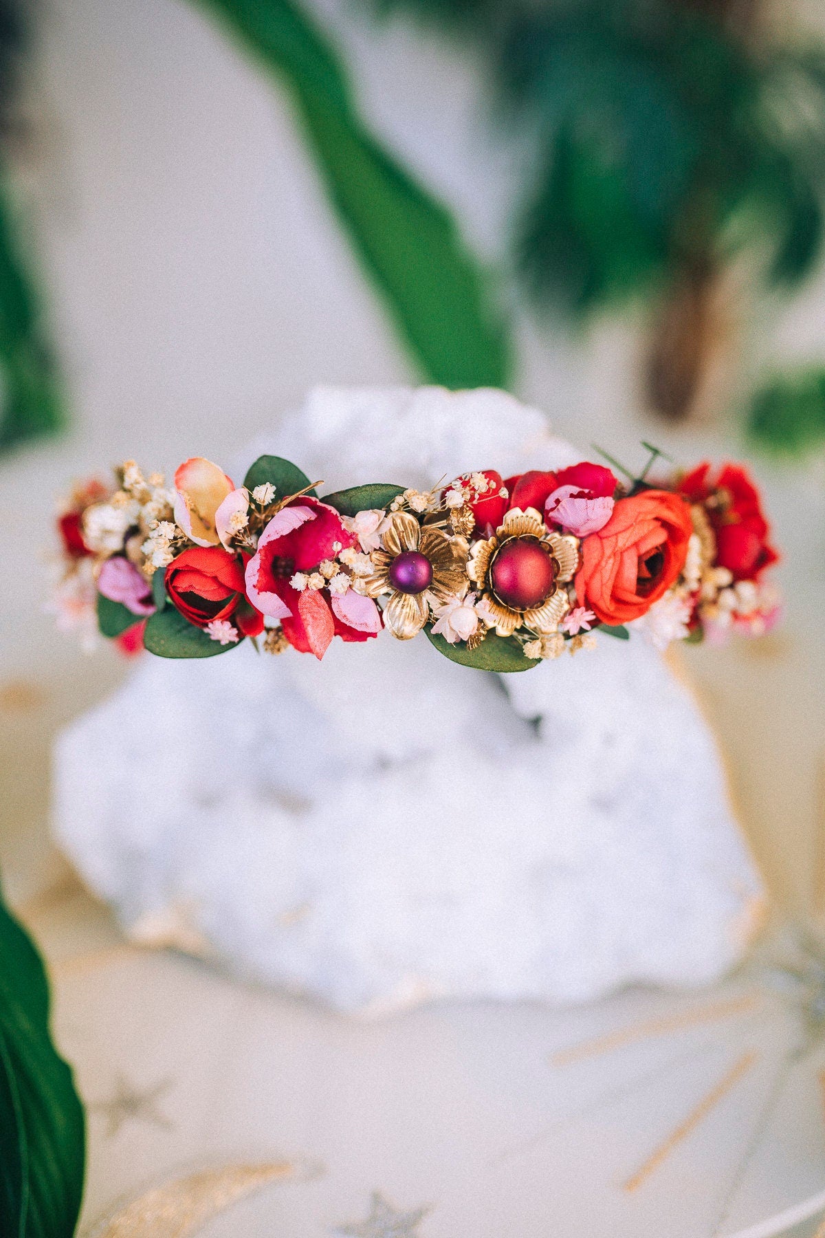 Red Flower Crown Flower Tiara Celestial Gold Wedding Tiara Headpiece Headband Fairy Halo Red Flower Hair Wreath Wedding Crown Boho Bride