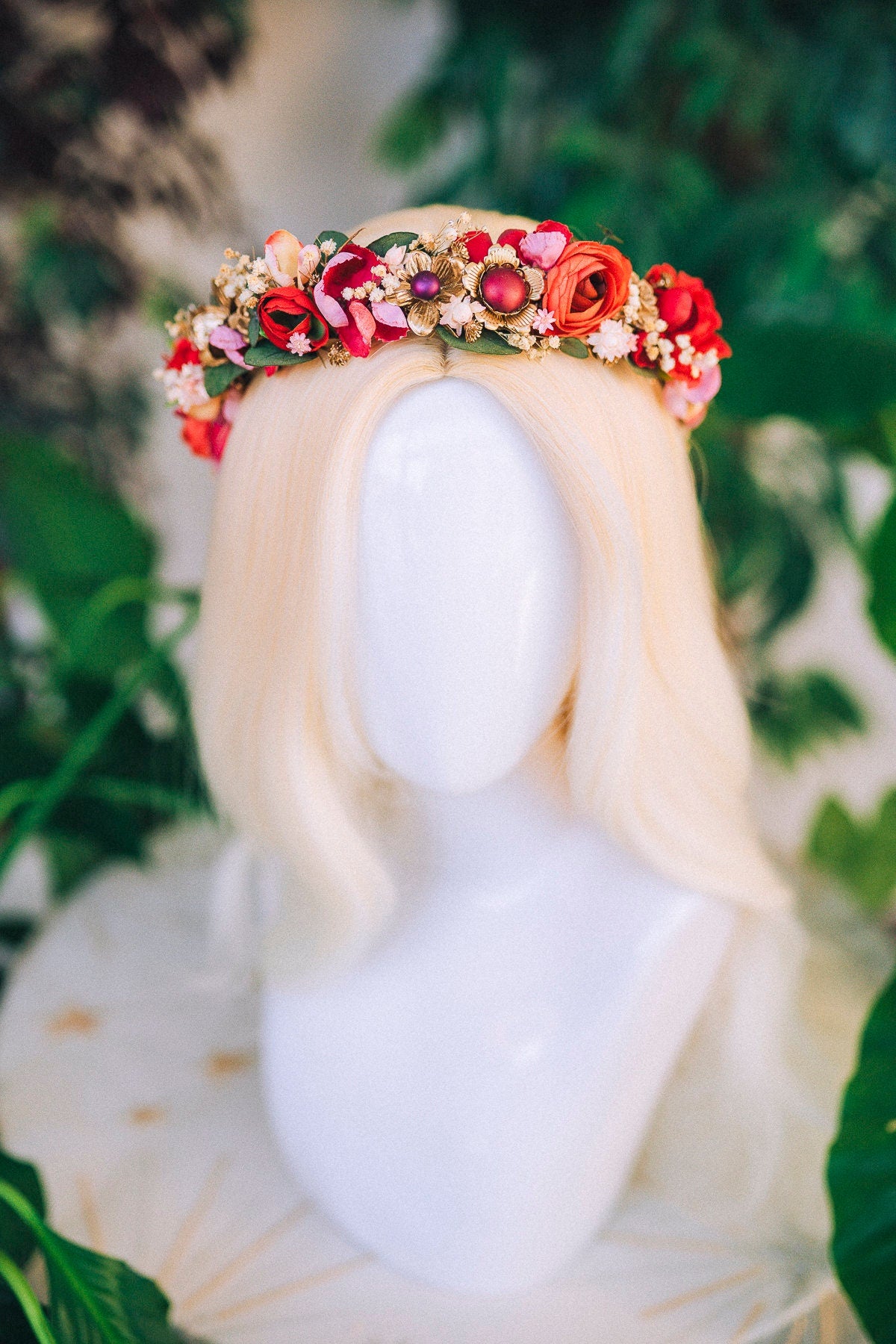 Red Flower Crown Flower Tiara Celestial Gold Wedding Tiara Headpiece Headband Fairy Halo Red Flower Hair Wreath Wedding Crown Boho Bride