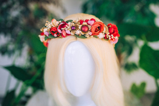 Red Flower Crown Flower Tiara Celestial Gold Wedding Tiara Headpiece Headband Fairy Halo Red Flower Hair Wreath Wedding Crown Boho Bride