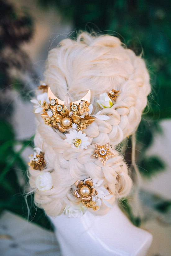 Boho Hairpins Flower Hair Comb Wedding Flowers Beige Flowers In Hair Boho Bride Dried Flower Crown Boho Chic Style Flower Hairpins