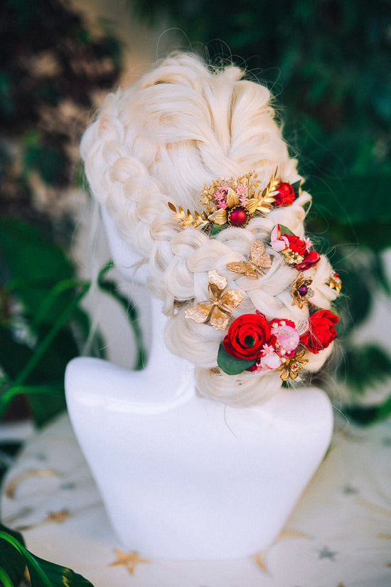 Boho Hairpins Flower Hair Comb Wedding Flowers Red Flowers In Hair Boho Bride Dried Flower Crown Boho Chic Style Flower Hairpins