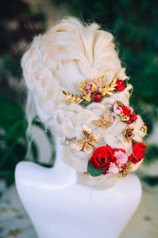 Boho Hairpins Flower Hair Comb Wedding Flowers Red Flowers In Hair Boho Bride Dried Flower Crown Boho Chic Style Flower Hairpins