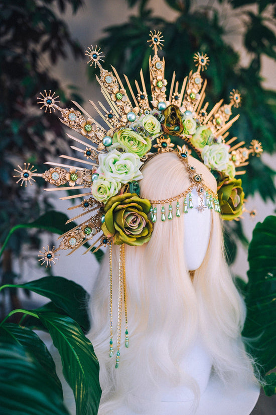 Green Flower Halo Crown Moon child Halo Headpiece Goddess Flower Crown Halo Headlights Celestial Headpiece Maternity Photo Props Roses