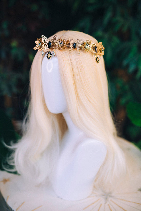 Gold crown with black rhinestones, Butterfly crown, Butterfly headpiece, Wedding crown, Bridal headpiece, Fairy crown, Elven crown