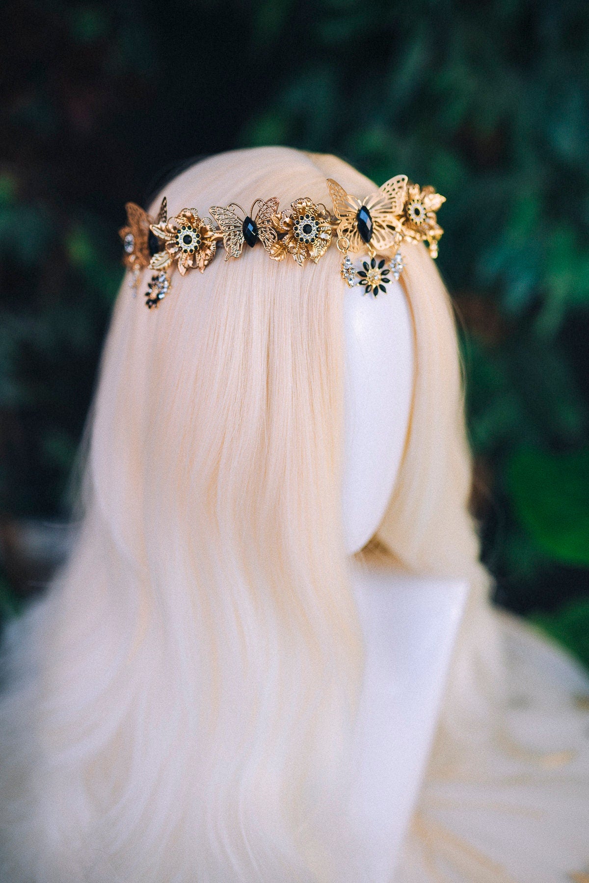 Gold crown with black rhinestones, Butterfly crown, Butterfly headpiece, Wedding crown, Bridal headpiece, Fairy crown, Elven crown