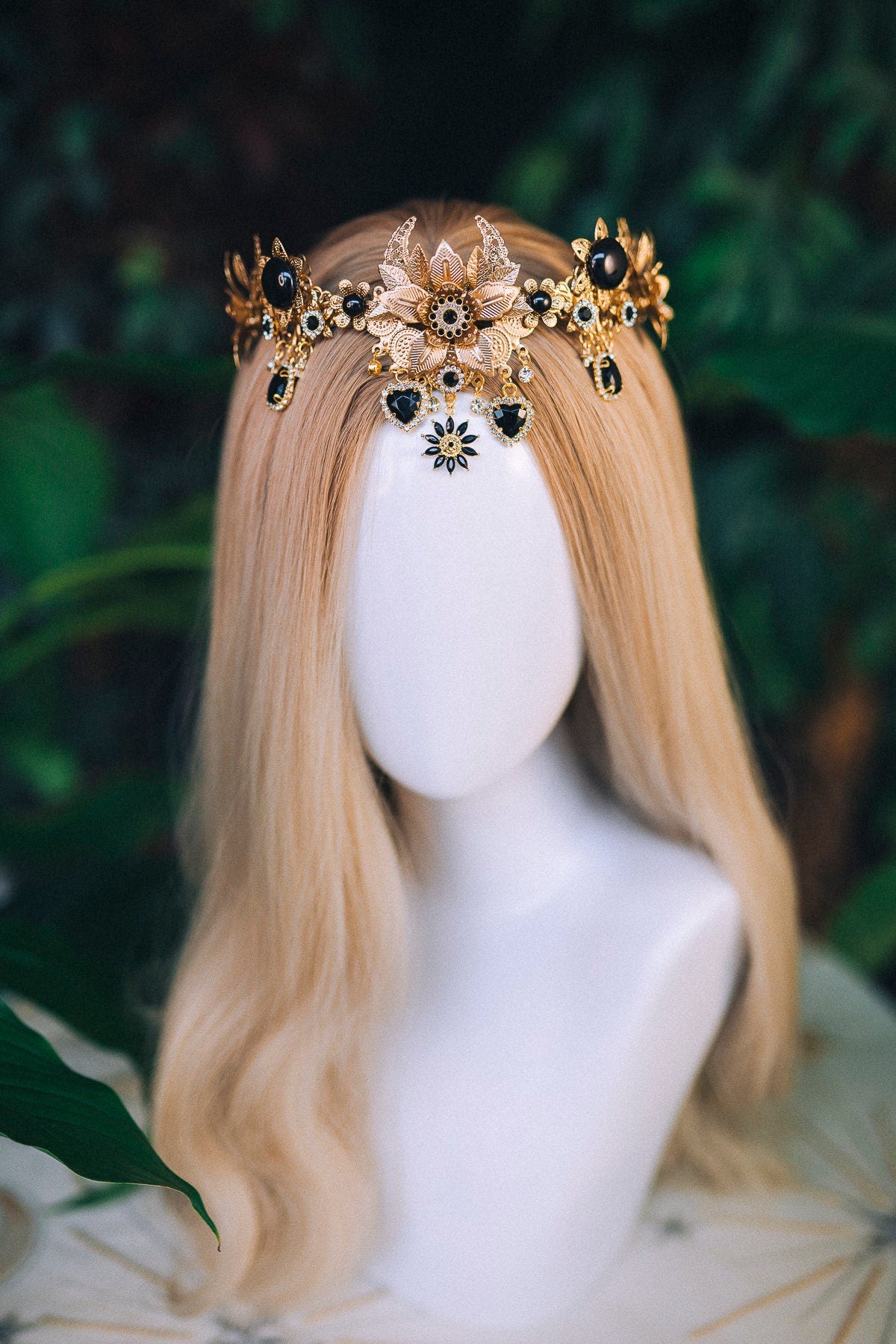 Black tiara Moon Crown Celestial Gold Tiara Black Headpiece Fairy Crown Halo Elegant Tiara Ball Crown Halloween Burning man Festival Fashion