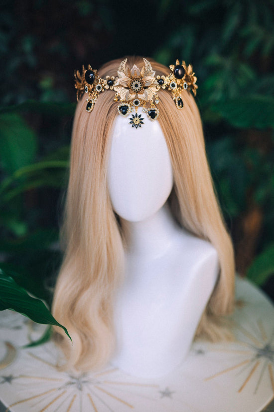 Black tiara Moon Crown Celestial Gold Tiara Black Headpiece Fairy Crown Halo Elegant Tiara Ball Crown Halloween Burning man Festival Fashion