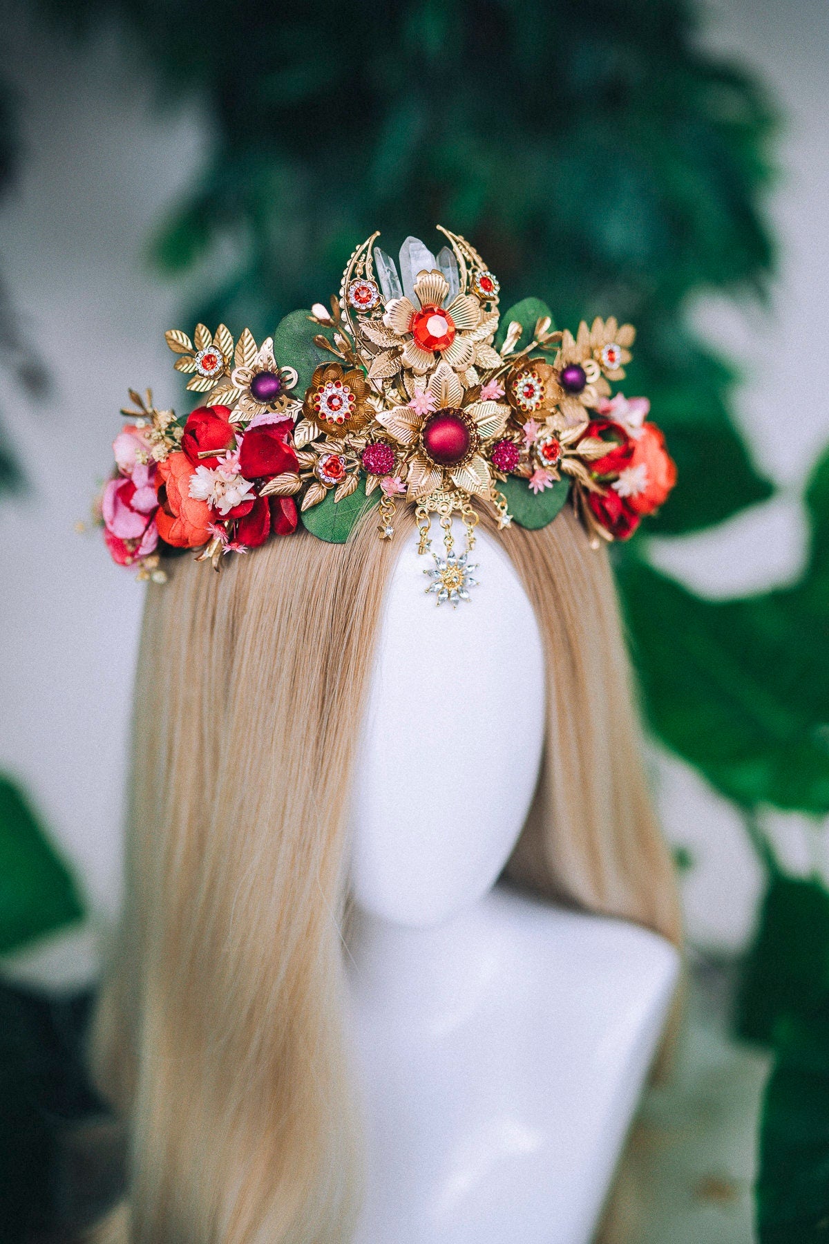 Red Flower Crown Flower Tiara Celestial Gold Wedding Tiara Headpiece Headband Fairy Halo Red Flower Wedding Crown Boho bride Crystal Crown