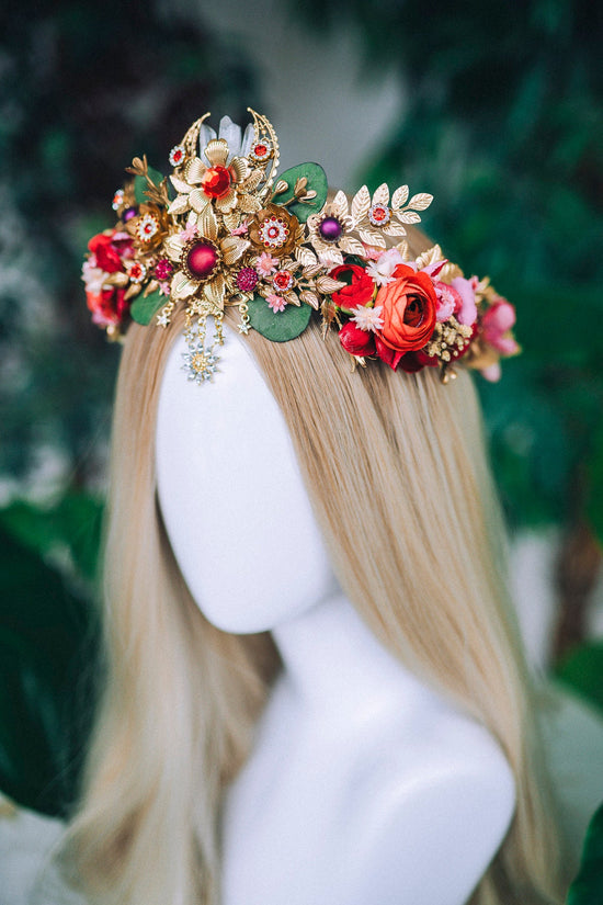 Red Flower Crown Flower Tiara Celestial Gold Wedding Tiara Headpiece Headband Fairy Halo Red Flower Wedding Crown Boho bride Crystal Crown