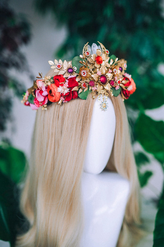 Red Flower Crown Flower Tiara Celestial Gold Wedding Tiara Headpiece Headband Fairy Halo Red Flower Wedding Crown Boho bride Crystal Crown