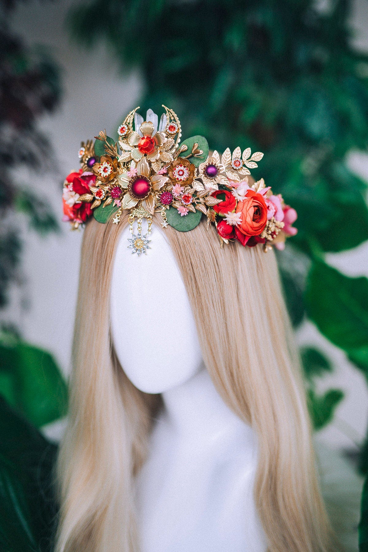 Red Flower Crown Flower Tiara Celestial Gold Wedding Tiara Headpiece Headband Fairy Halo Red Flower Wedding Crown Boho bride Crystal Crown