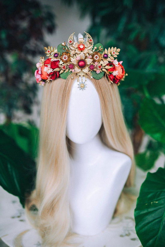 Red Flower Crown Flower Tiara Celestial Gold Wedding Tiara Headpiece Headband Fairy Halo Red Flower Wedding Crown Boho bride Crystal Crown