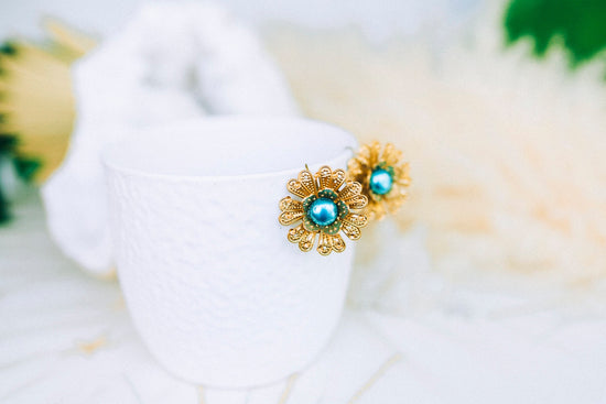 READY TO SHIP Flower earrings Festival earrings Gold boho earrings Summer earrings Wedding accessories Blue earrings Turquoise earrings