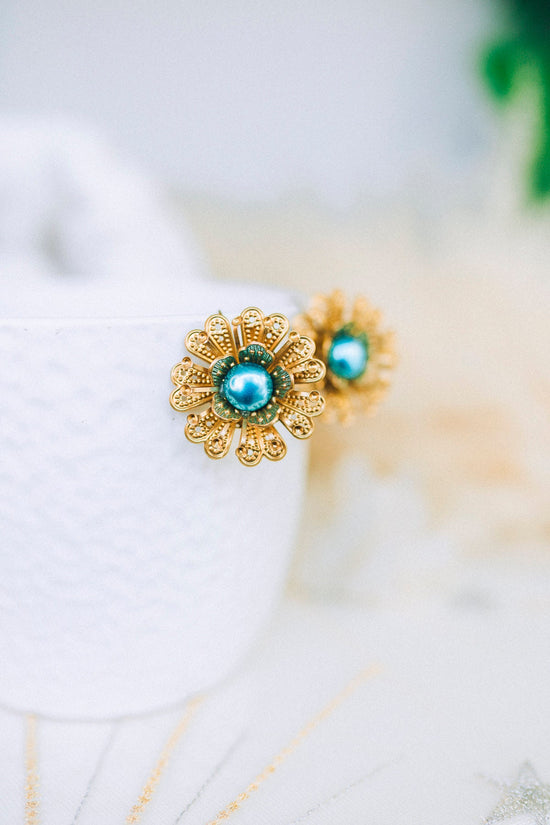 READY TO SHIP Flower earrings Festival earrings Gold boho earrings Summer earrings Wedding accessories Blue earrings Turquoise earrings