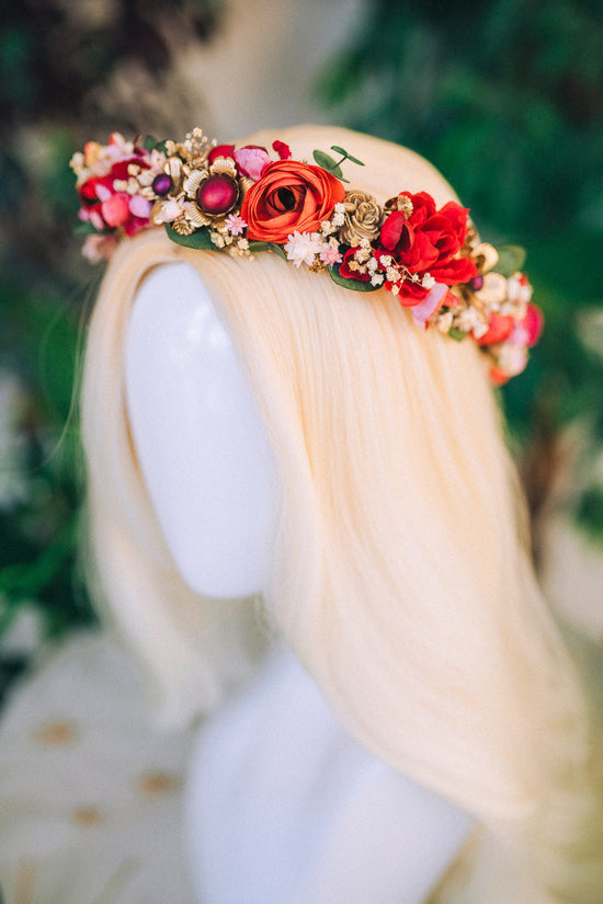 Red Flower Crown Flower Tiara Celestial Gold Wedding Tiara Headpiece Headband Fairy Halo Red Flower Hair Wreath Wedding Crown Boho Bride