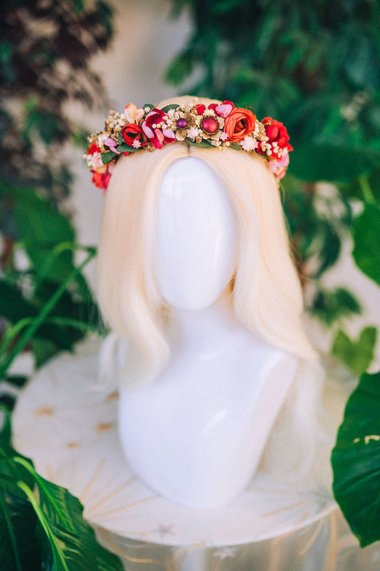 Red Flower Crown Flower Tiara Celestial Gold Wedding Tiara Headpiece Headband Fairy Halo Red Flower Hair Wreath Wedding Crown Boho Bride