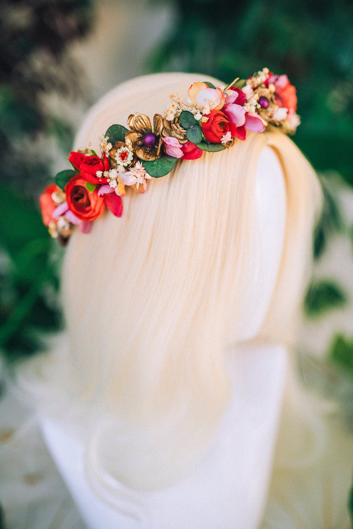 Red Flower Crown Flower Tiara Celestial Gold Wedding Tiara Headpiece Headband Fairy Halo Red Flower Hair Wreath Wedding Crown Boho Bride