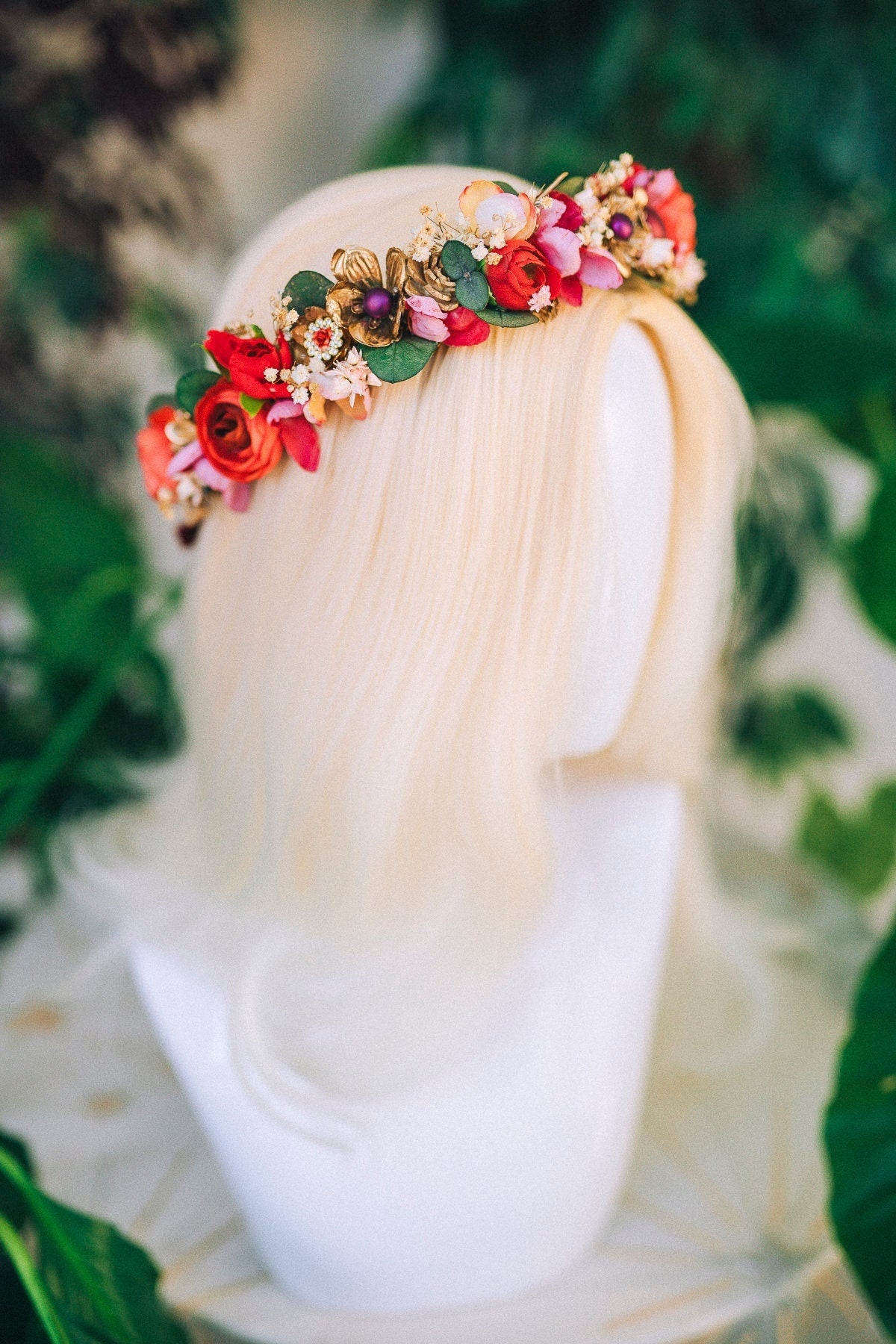 Red Flower Crown Flower Tiara Celestial Gold Wedding Tiara Headpiece Headband Fairy Halo Red Flower Hair Wreath Wedding Crown Boho Bride