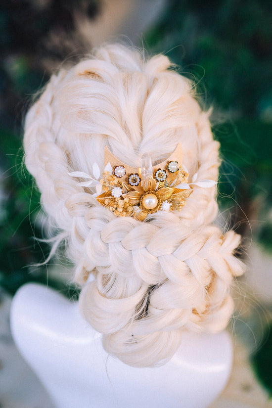 Moon Child Hair Comb Flower Hair Comb Wedding Flowers Beige Flowers In Hair Boho Bride Dried Flower Crown Boho Chic Style Flower Hairpins