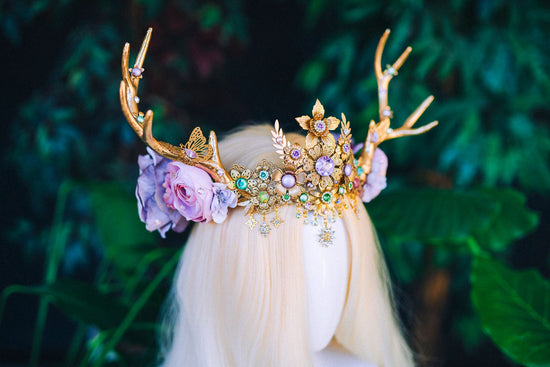 Flower Antlers Headband Deer Horns Lavender Crown Cute Tiara Christmas Party Burning Man Festival Deer Costume Halloween Flower Crown Boho