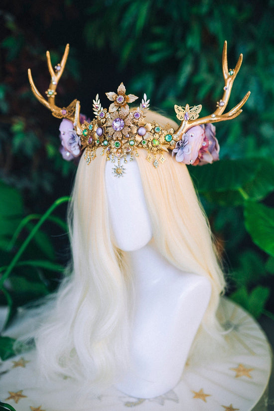 Flower Antlers Headband Deer Horns Lavender Crown Cute Tiara Christmas Party Burning Man Festival Deer Costume Halloween Flower Crown Boho