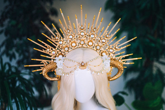 Aries crown Zodiac signs Halo Festival Crown Gold crown Flower Headpiece Fairy crown Birthday headband Burning Man Halloween Jewellery Horns